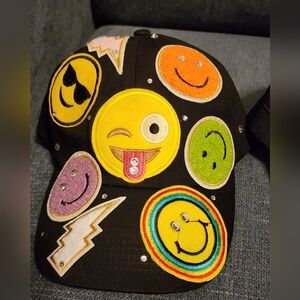 Emoji Patch Baseball Hat Black OOAK Handmade, Size Adjustsble
